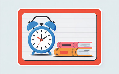 Obraz premium Cartoon illustration of an alarm clock and books on lined paper for education concepts