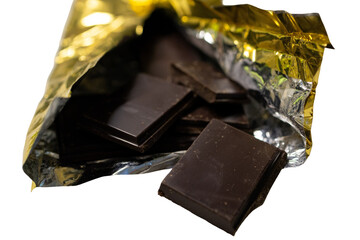 Piece of premium dark chocolate with wrapper on white or trnsparent background..Tantalizing close-up chocolate for advertisements.Isolated