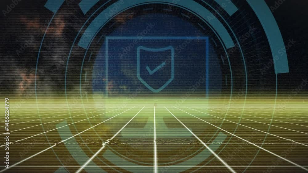 Poster holographic shield icon floating above grid highlighting circular data rings and scrolling code