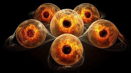 Glowing spheres with smaller, darker spheres at the center, surrounded by trails.