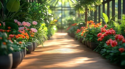 Greenhouse filled with plants, sunlight streams through glass roof