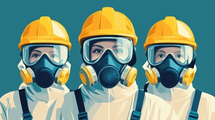Professionals in Safety Gear with Gas Masks for Hazardous Environment Protection