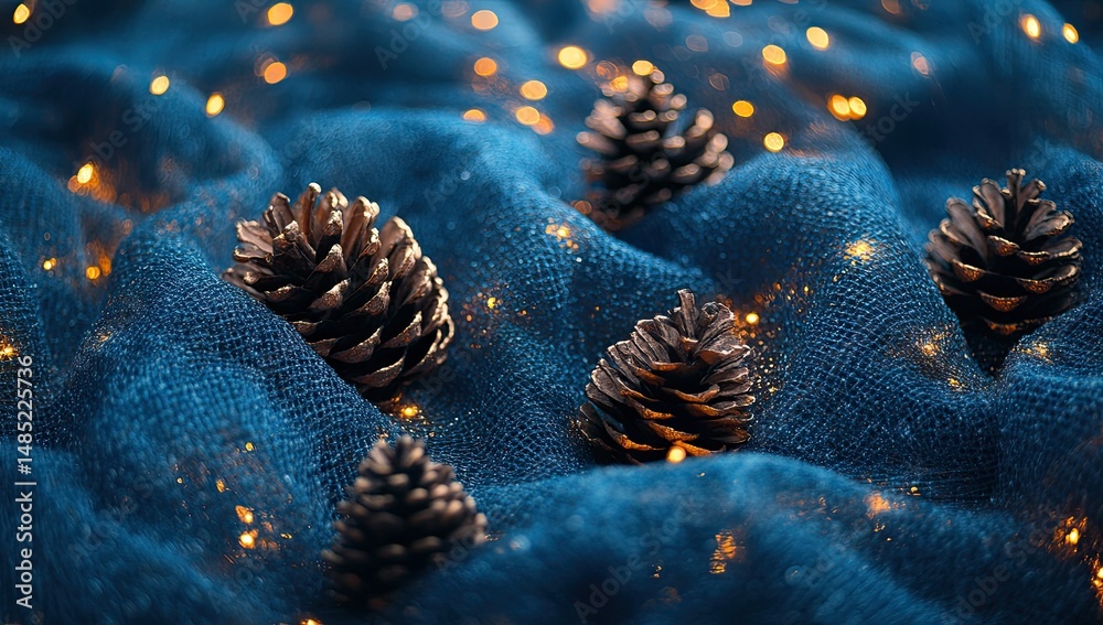Fototapete a blue background with pine cones and snowflakes, creating an enchanting winter atmosphere for chris