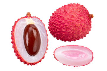 Two lychee fruits cut in half with the pits inside, one whole and three other pieces, a realistic photograph, isolated on a transparent background
