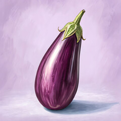 An eggplant standing upright on a soft lilac background.