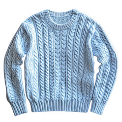a blue sweater with a cable pattern on the front