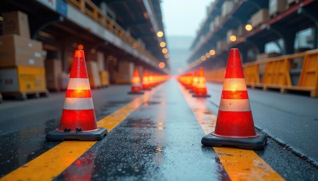 High-visibility safety cones and barriers delineate a clear work zone, ensuring safety , bright, signage, pathway