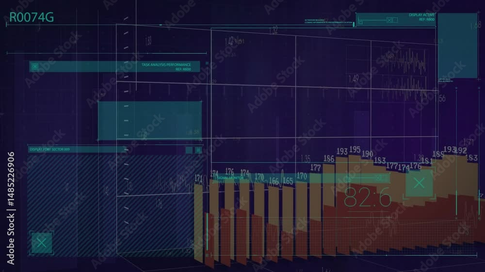 Poster 3d bar chart showing orange red bars moving over translucent teal panels with line waveforms