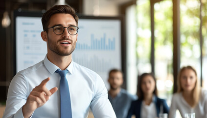 Professional businessman leading corporate presentation with data charts, perfect for leadership and business communication training
