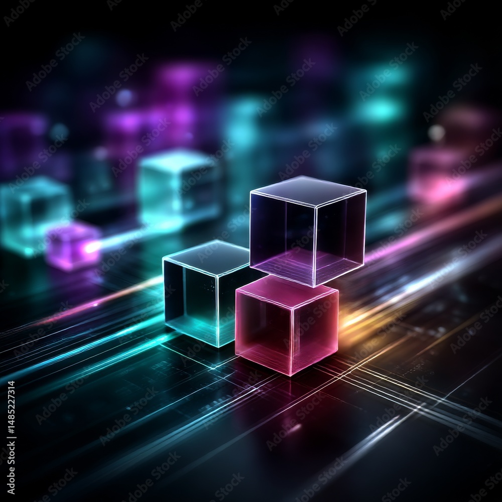 Poster abstract glow: colorful geometric cubes with futuristic light trails on a dark reflective surface
