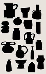 A collection of black silhouette cutouts of modern vases and vessels on a light beige background hand drawn in abstract and minimalist style. Vector home decor illustration poster