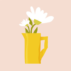 Vector paper cutout flat vase jar with abstract flowers bouquet in pastel tones, featuring halftone texture and collage style. Minimalist hand drawn illustration for posters, invitations, web design