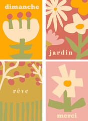 Set of four modern art cutout design posters featuring abstract pastel colors flowers and twigs, with French words. Vector home decor minimalistic artistic style poster illustrations