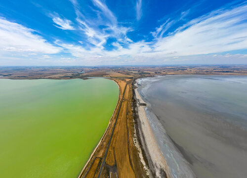 Aerial View of Bi Color Lakes and Surrounding Landscape in Victoria