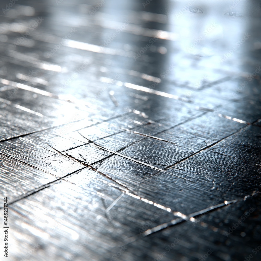 Poster Abstract Reflective Surface: Close-up of a Dark, Textured Material with a Grid-Like Pattern and Bright Highlights.