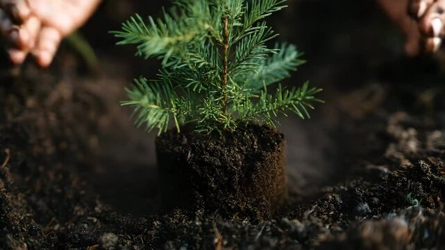 Person's hands gently cradling a small pine tree seedling nestled in rich dark soil