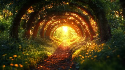 Sunlit path through a green tree tunnel, dappled light