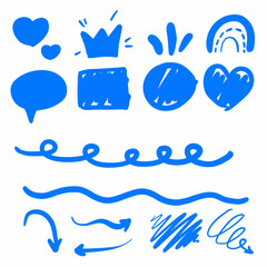 Blue Hand-Drawn Doodles with Hearts, Crown, Speech Bubble, Rainbow, Lines, and Arrows on White Background for Creative Projects and Design