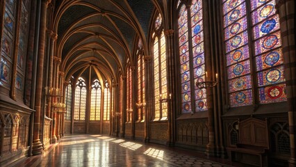 Fototapeta premium Cathedral's Light Embrace: Sunlight streams through stained-glass windows, illuminating the intricate architecture and vaulted ceilings of a grand cathedral interior.