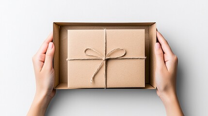 Hands Holding Open Brown Cardboard Box with Tied Kraft Paper Thank You Cards
