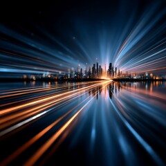 Fototapeta premium Cityscape at Warp Speed: Streaks of Light and Reflections in a Futuristic Urban Landscape.