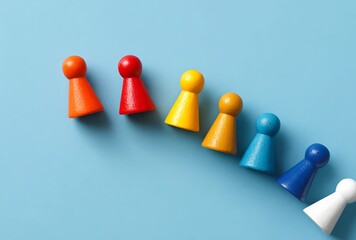 Obraz premium Colorful Wooden Game Pieces Arranged in a Rainbow Pattern on a Light Blue Background Representing Diversity and Teamwork