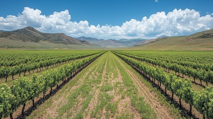 Serene vineyard landscape stretches toward mountains under blue skies dotted with clouds. Verdant rows of crops