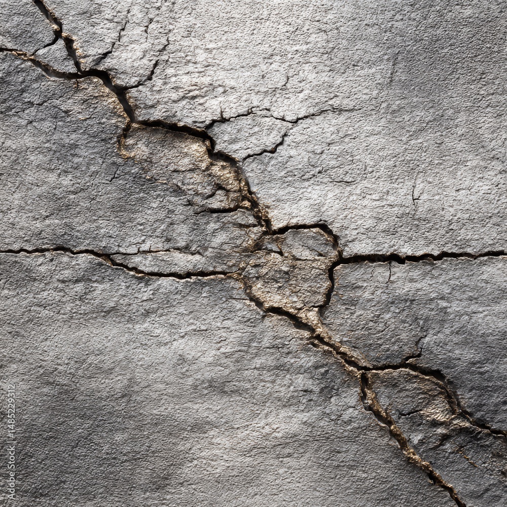 Poster Cracked Slate: Detailed Macro View of Natural Stone Texture with Deep Fissures and Rough Surface, Showing Signs of Age and Weathering