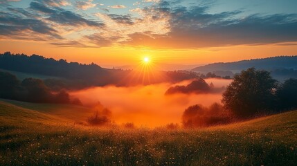 Golden sunrise over misty valley, hills and meadows