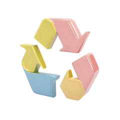 Stylized, abstract recycling symbol composed of pastel colors and distorted forms. The image features a three-dimensional, graphic design.