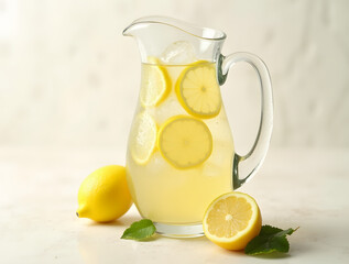Broc de limonade fraîche avec citrons découpés et glaçons isolé sur fond blanc