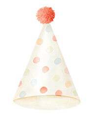 Watercolor birthday party hat with pom pom and polka dots on a transparent background.