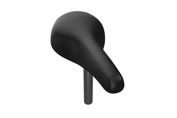 Modern black bicycle saddle with a textured surface and seat post, isolated and ready for design integration on a PNG Transparent HD Background. High resolution cycling equipment element.