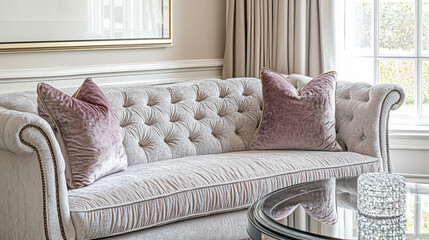 Refined English interiors with soft neutral tones, botanical art, fresh florals, classic panelled walls, and elegant furnishings for a feminine yet timeless home atmosphere