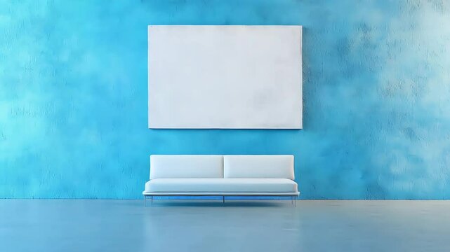 Minimalist blue living room with white canvas and sofa, empty white poster on wall in room, mockup, banner, photo, announcement, advertisement, billboard, commercial
