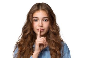 Naklejka premium beautiful girl asking for silence with her finger isolated on white background