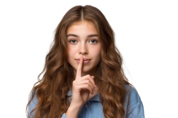 beautiful girl asking for silence with her finger isolated on white background