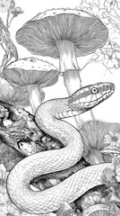 Obraz premium Detailed line drawing of a snake amongst mushrooms and plants.