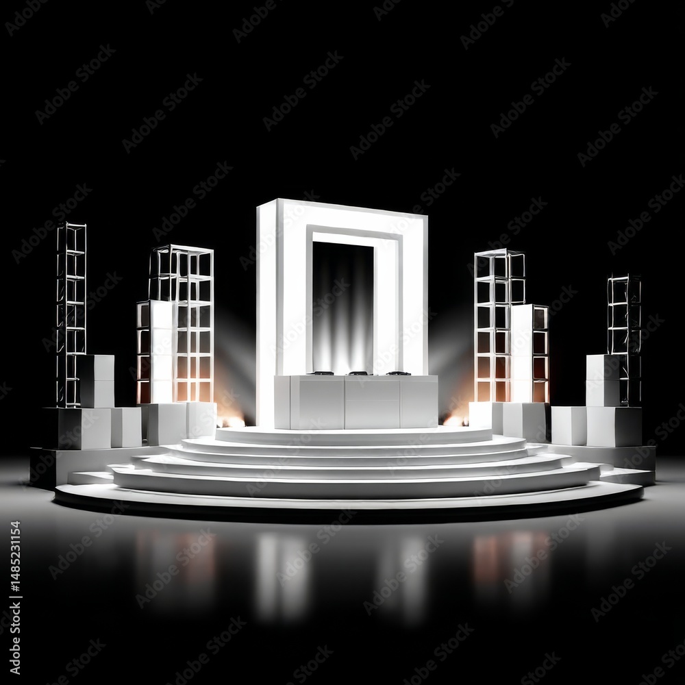 Poster Minimalist Modern Stage Design: Illuminated White Structure on Round Platform with Black Backdrop