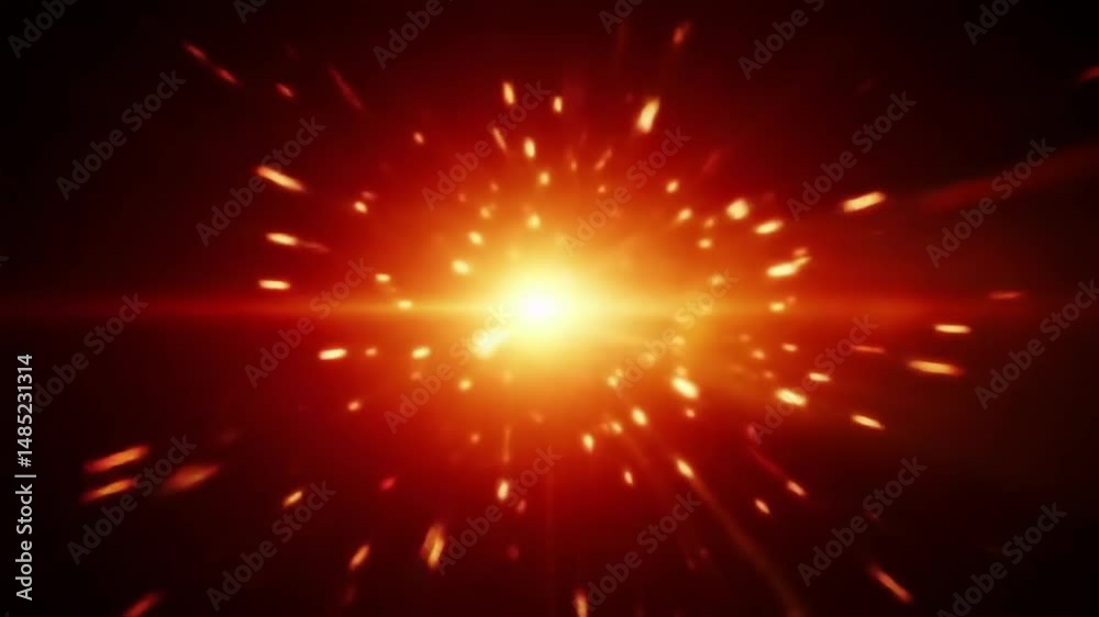 Poster abstract digital animation of bursting light with red and orange particles moving fast in space