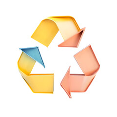 Vibrant, three-dimensional artistic design representing a recycling symbol, featuring a variety of bright colors and geometric shapes.