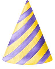 Watercolor striped party hat with purple and yellow on a transparent background.