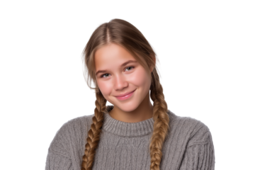  young woman with pigtails smiles isolated on white background
