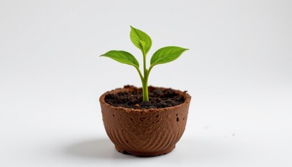 a single green seedling in a compostable peat pot, with damp soil and tiny water droplets on the fresh leaves. the pot's texture shows fibrous details and slight irregularities