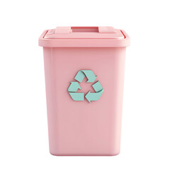 Three-dimensional rendering of a pink recycling container, highlighted against a black backdrop, showcasing a mint-green recycling symbol.  It's a simple, clean design.