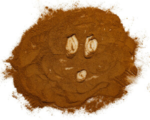 Creative food art showing a surprised face expression in scattered chocolate powder. Great for fun digital projects, themed campaigns, or engaging food content.Creative Food Art with Cocoa Powder - PN