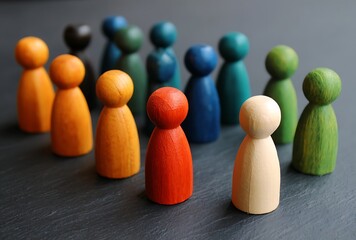 Colorful Wooden Peg People Representing Diversity and Teamwork on a Dark Surface
