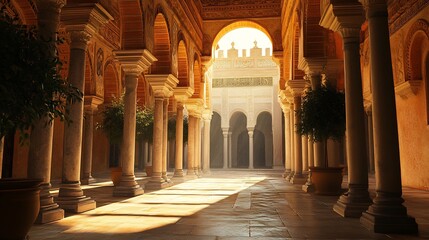 Sunlit Colonnade: A Serene Moorish Courtyard in Golden Light