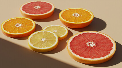 Fototapeta premium Assorted Citrus Fruit Slices on Beige Background