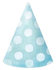 Watercolor light blue party hat with white polka dots on a transparent background.